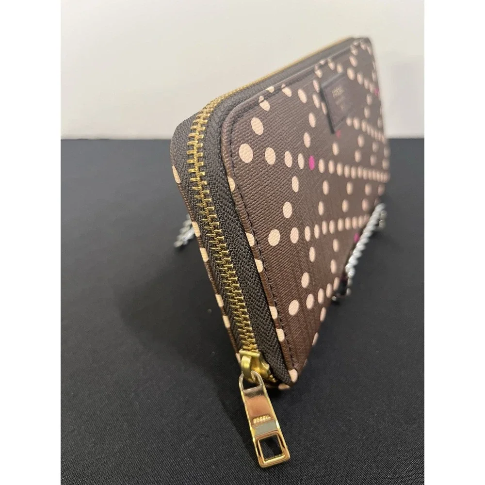 Fossil Sydney Clutch Wallet Brown Pink Polka Dot Coated Canvas Organizer A467
